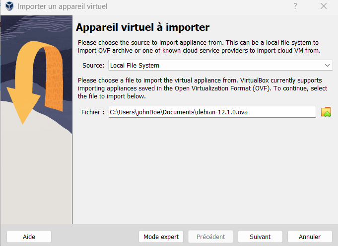 VirtualBox : importer un appareil virtuel