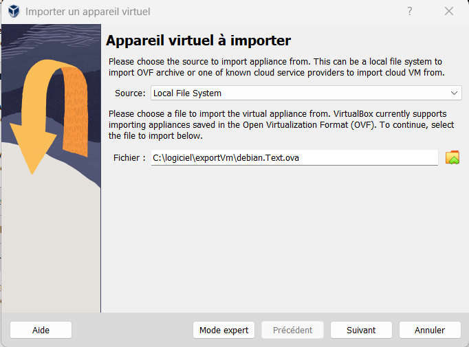 VirtualBox : importer un appareil virtuel