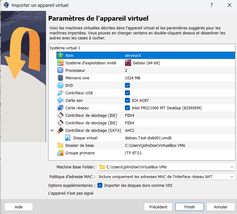 VirtualBox : importer un appareil virtuel